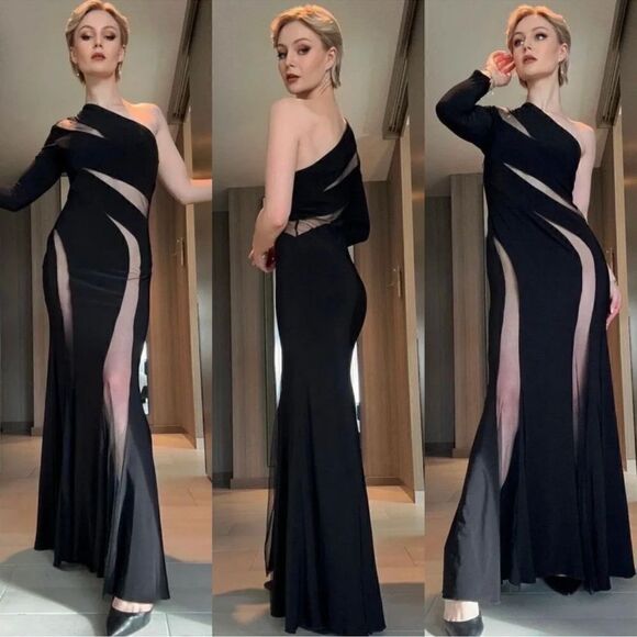 NWT Mac Duggal 11311 JERSEY ONE SHOULDER ILLUSION CUT OUT GOWN Dress - Picture 2 of 16